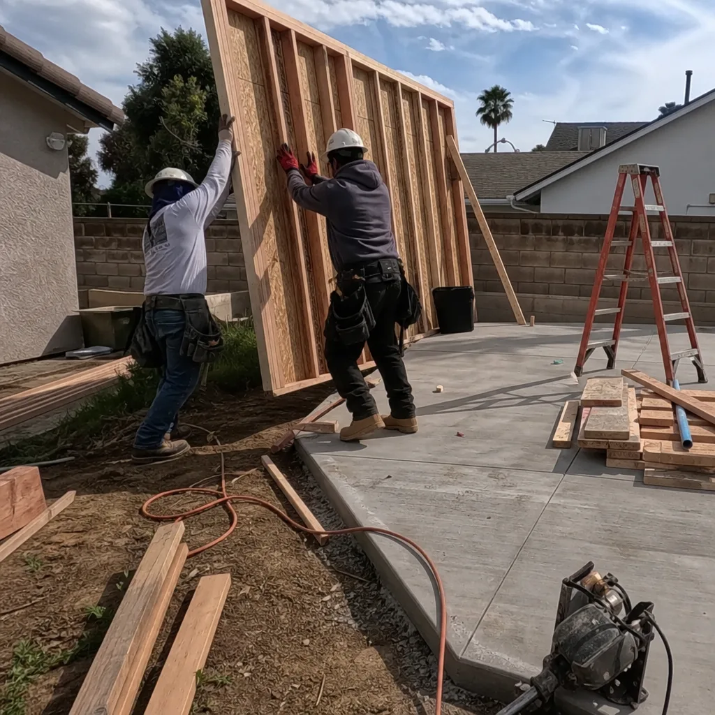 Professional construction workers raising a wooden wall frame for an ADU.