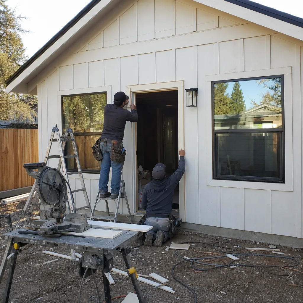 Professional builders installing exterior door trim on a modern ADU
