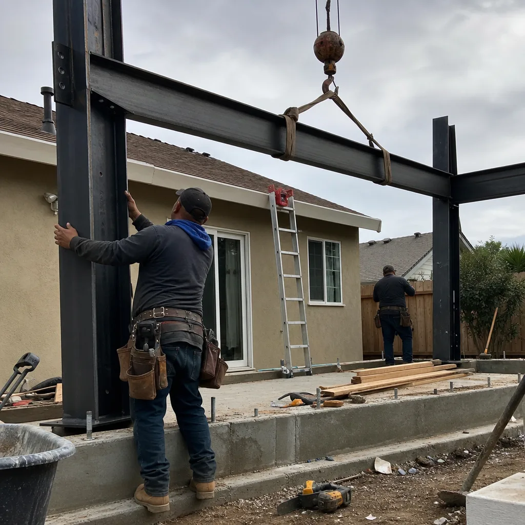 Construction workers installing steel beam frame for an accessory dwelling unit