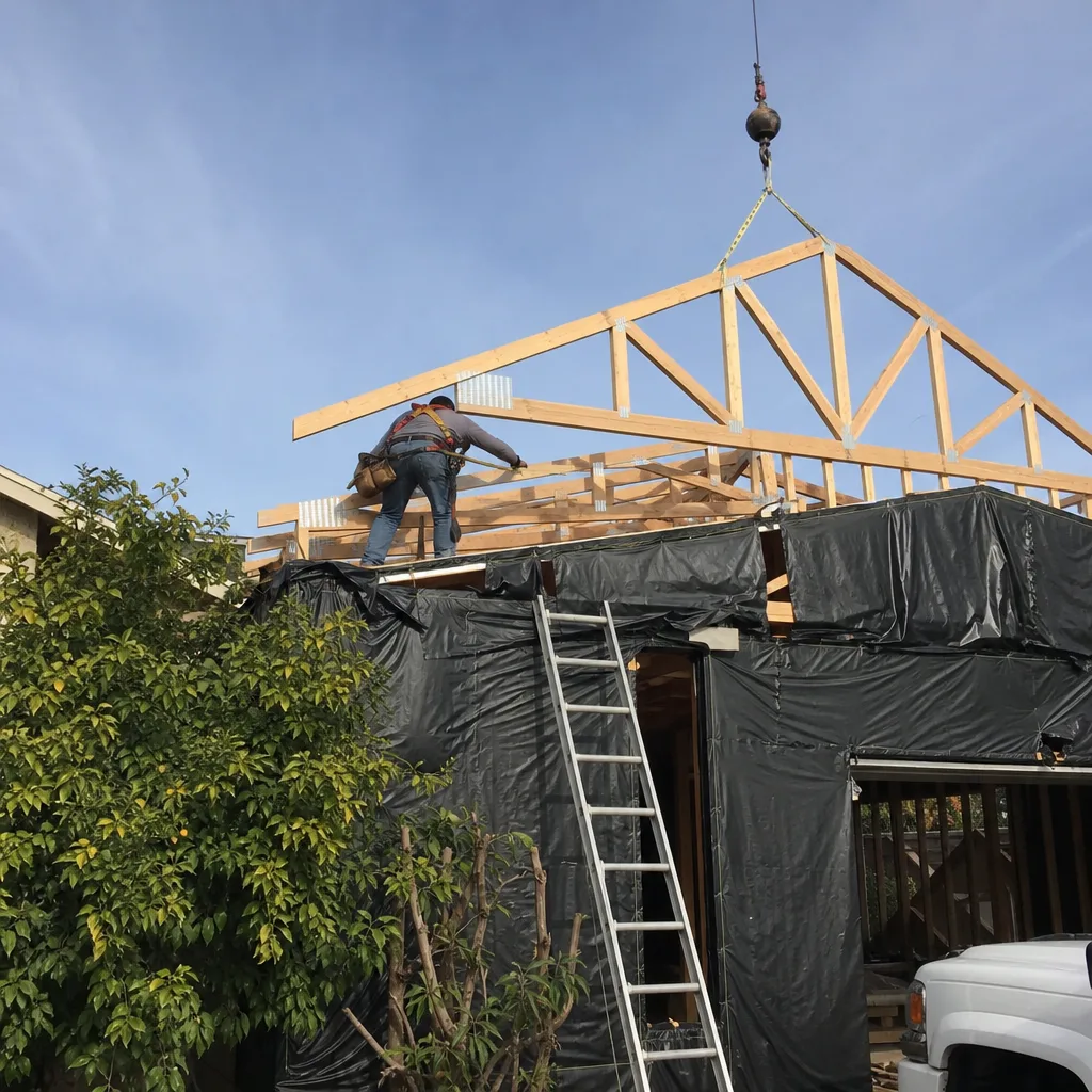 Contractor installing roof trusses for a professional home addition project.