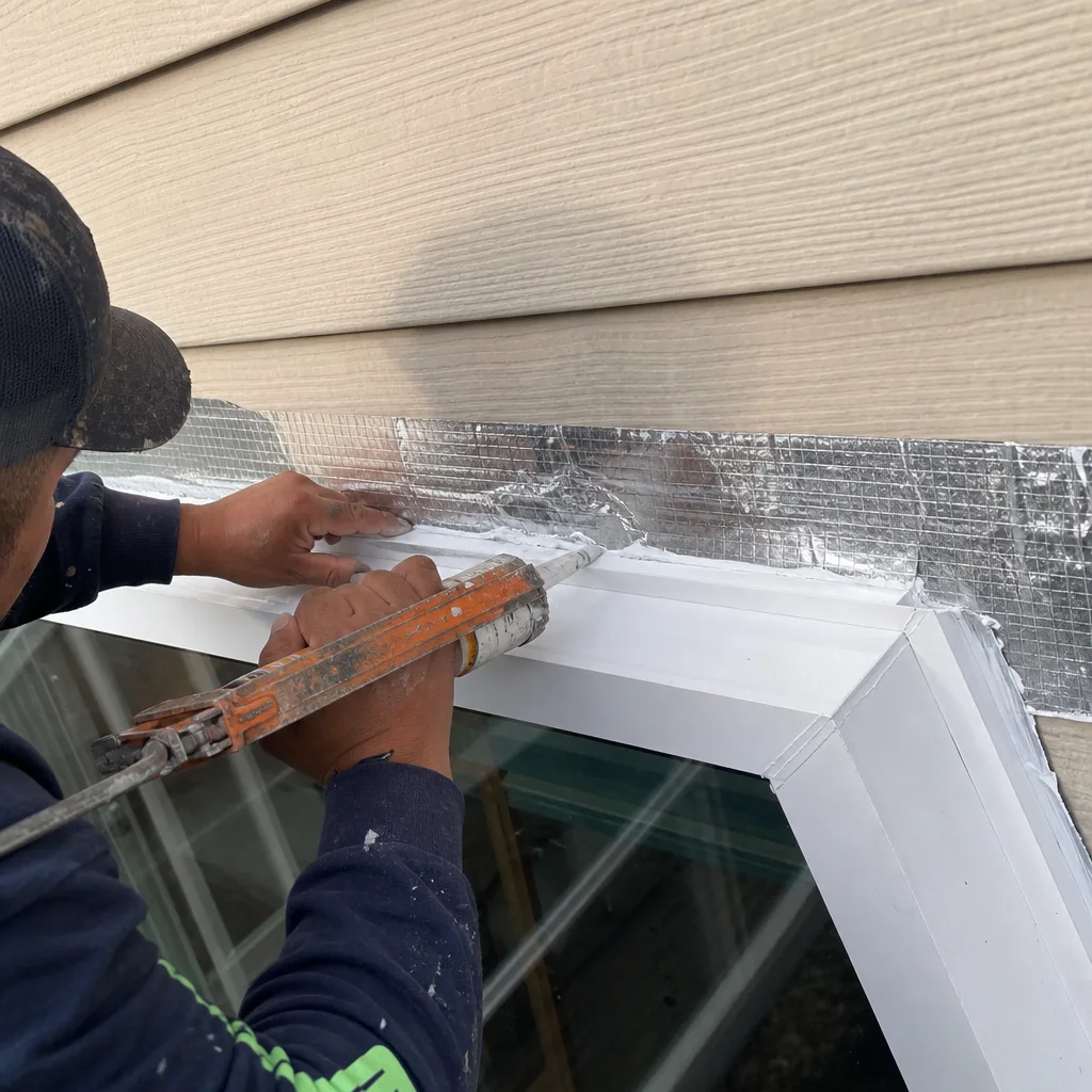 Contractor applying sealant to window flashing on a home addition project