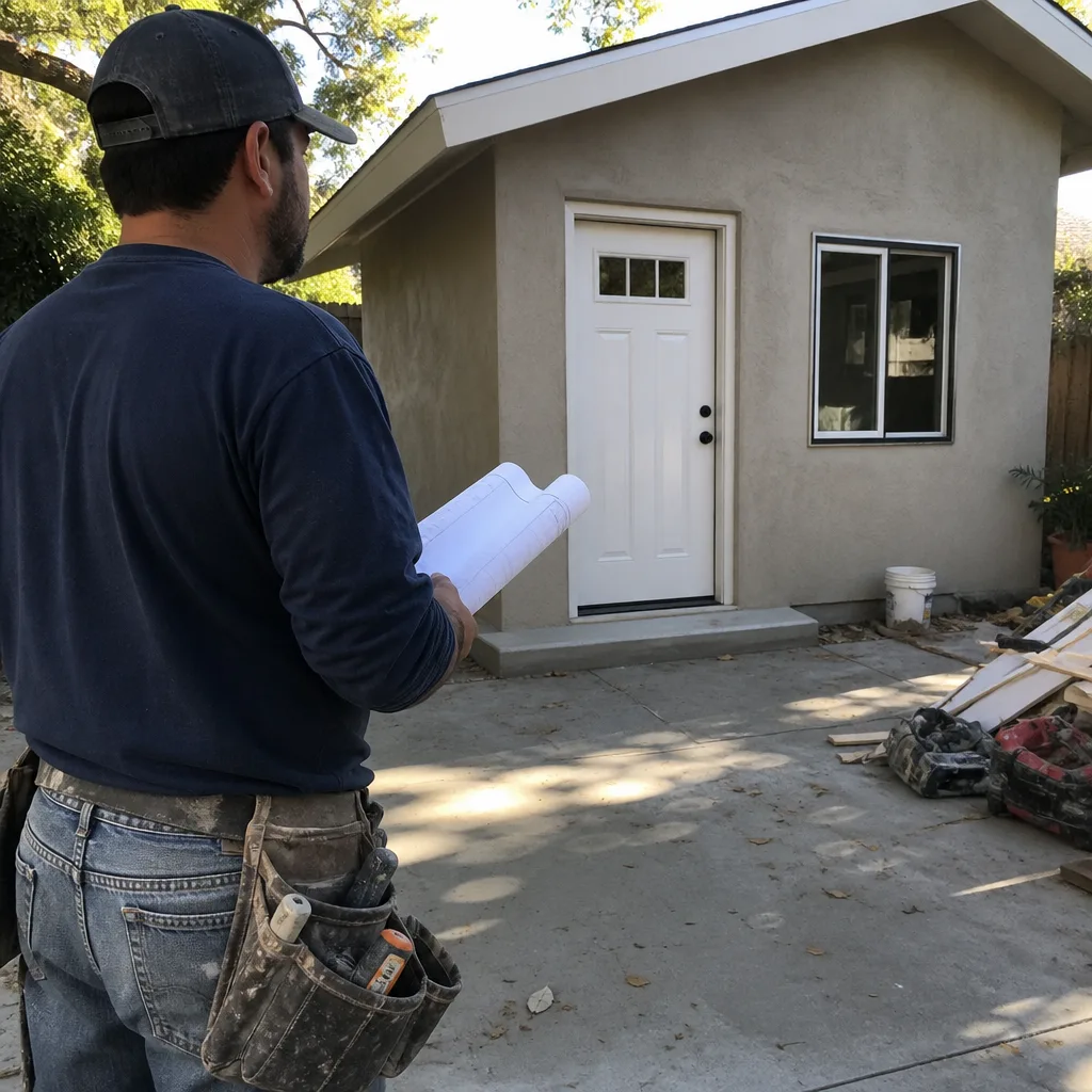 Contractor reviewing ADU building plans in front of a new structure